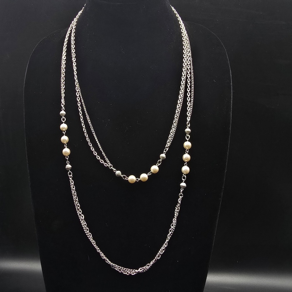 Silver Tone Chain Necklace with Faux Pearls LONG Vintage Costume Jewelry